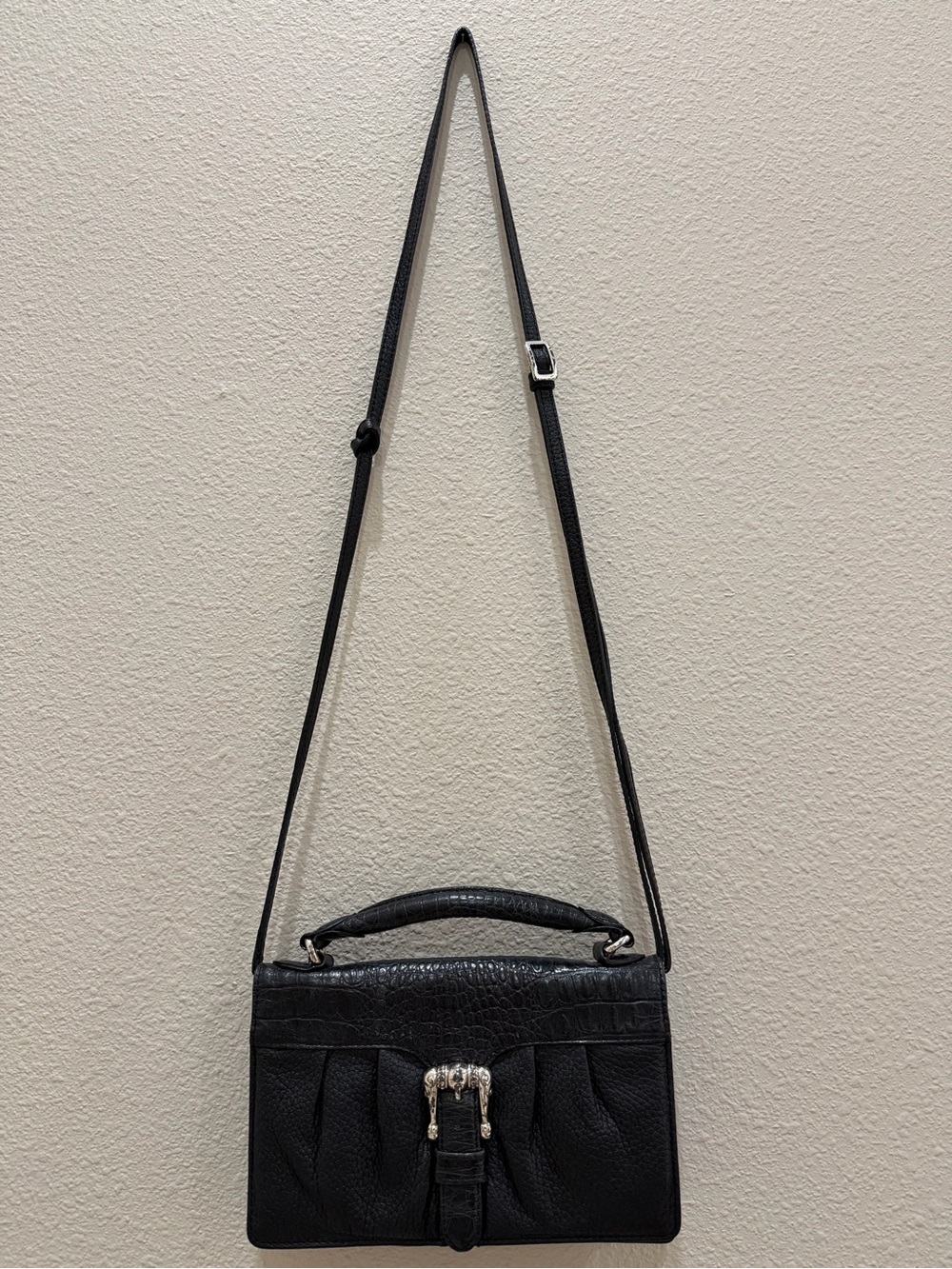 Brighton Nepal Organizer Black Pebbled Leather Croc Crossbody Bag Wallet
